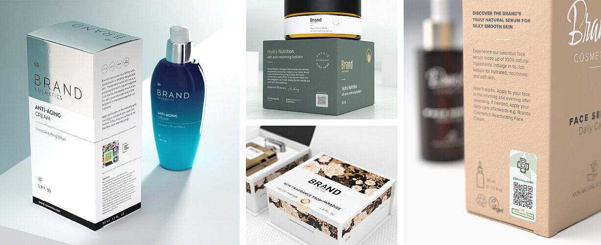 多种化妆品包装配备二维码和防伪标签，用于产品手机扫码鉴别真伪，突出品牌防伪、可持续性和消费者互动。