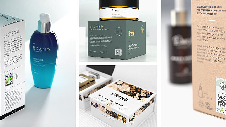 多种化妆品包装配备二维码和防伪标签，用于产品手机扫码鉴别真伪，突出品牌防伪、可持续性和消费者互动。