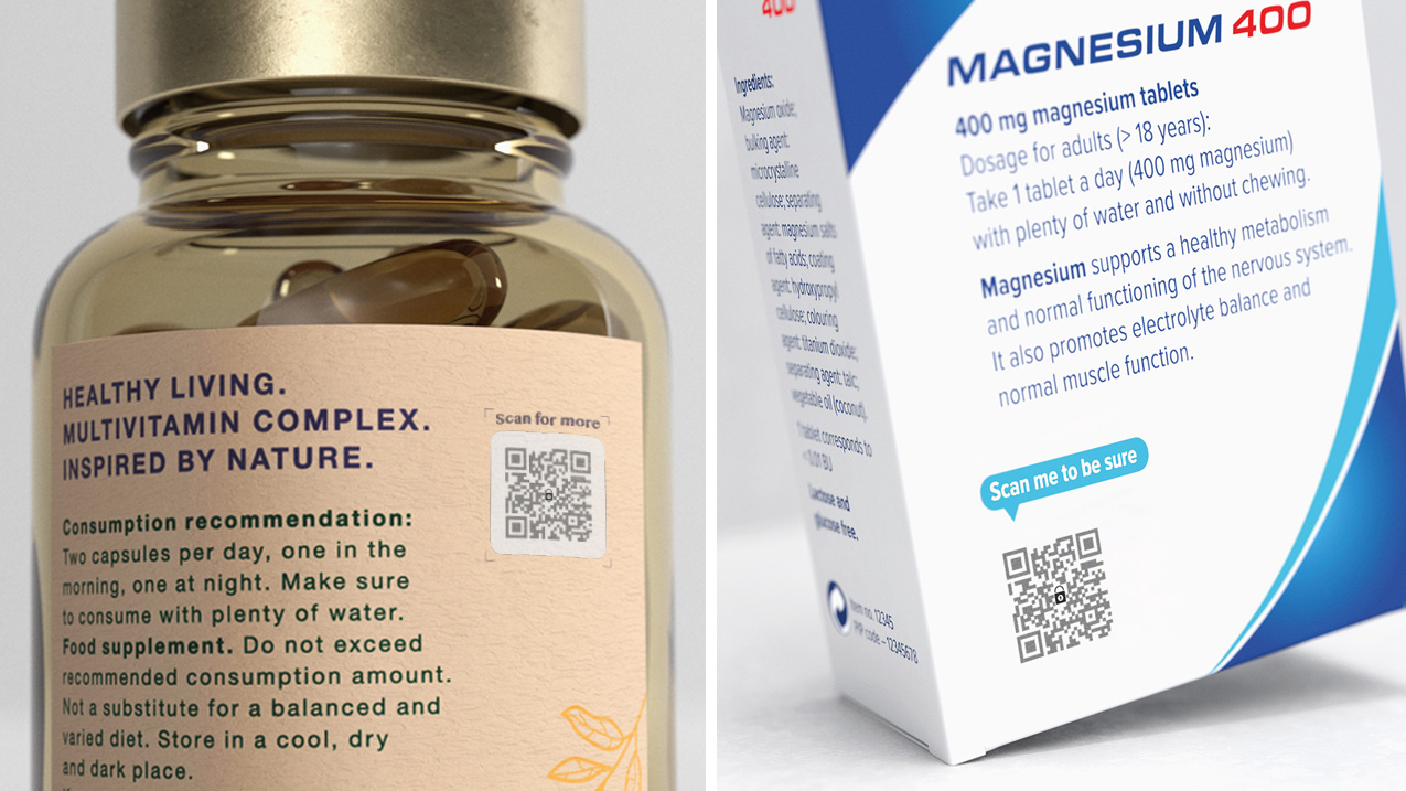 保健品和药品包装配备二维码，用于产品手机扫码鉴别真伪，提升消费者对健康产品的安全性和信任度。